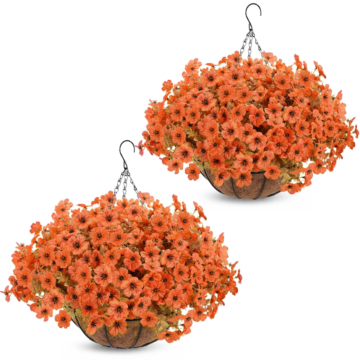 Geegoods front view of orange mum hanging baskets showing vibrant curb appeal