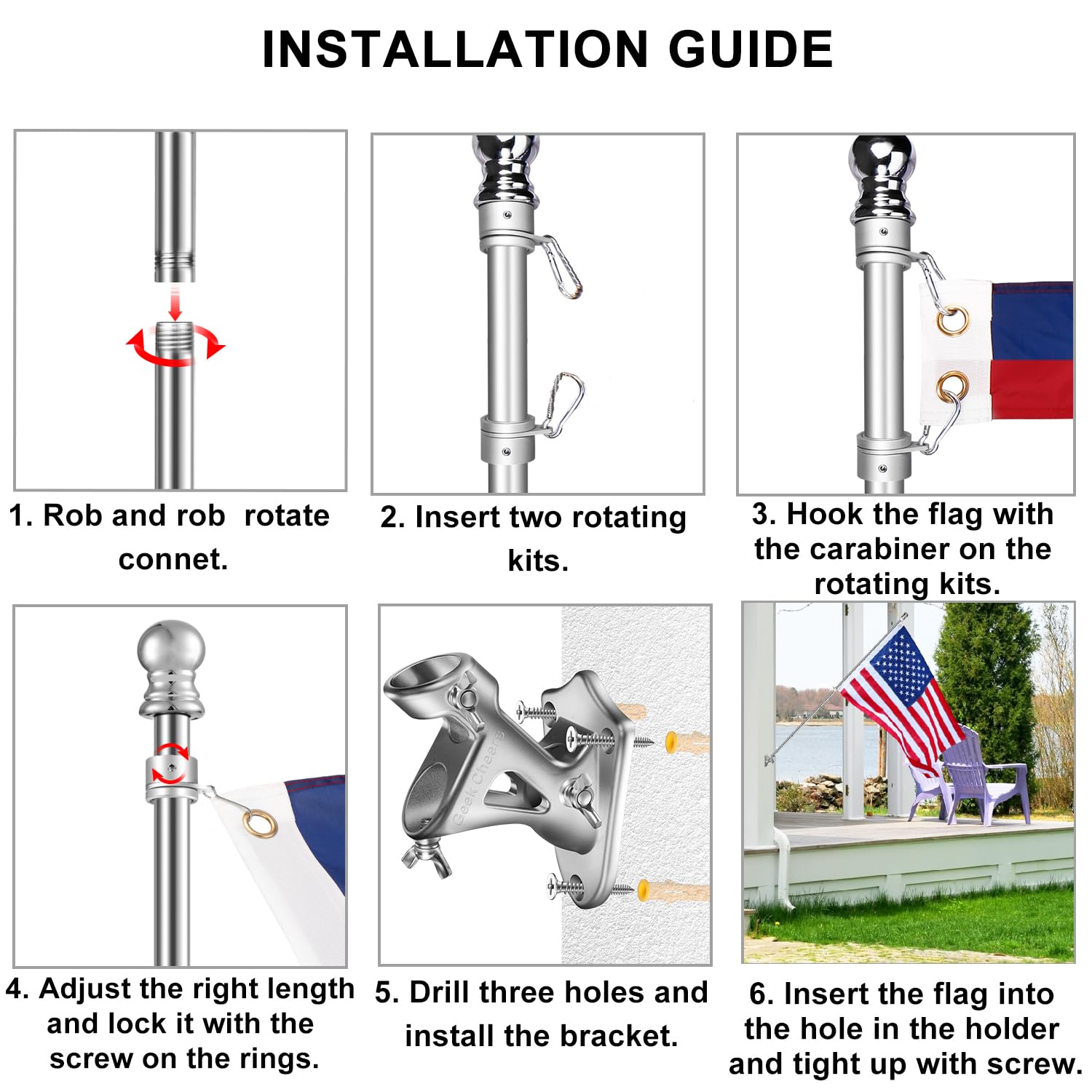 Geek Cheers mounted pole demonstrating selectable 45° and 90° angles