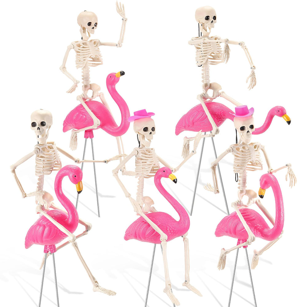 Geelin front display of five skeleton flamingo figures, bright yard impact