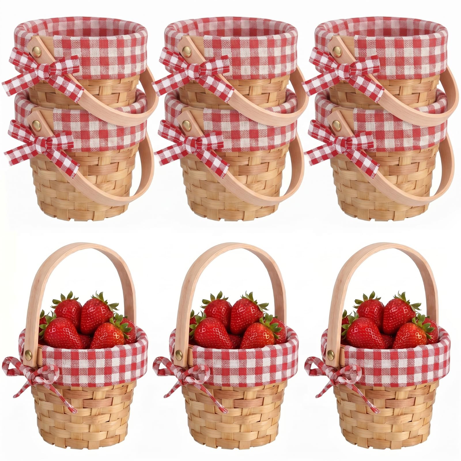Geelin front view pack of six baskets showing red gingham liners and handles for coordinated decor