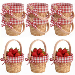 Geelin front view pack of six baskets showing red gingham liners and handles for coordinated decor