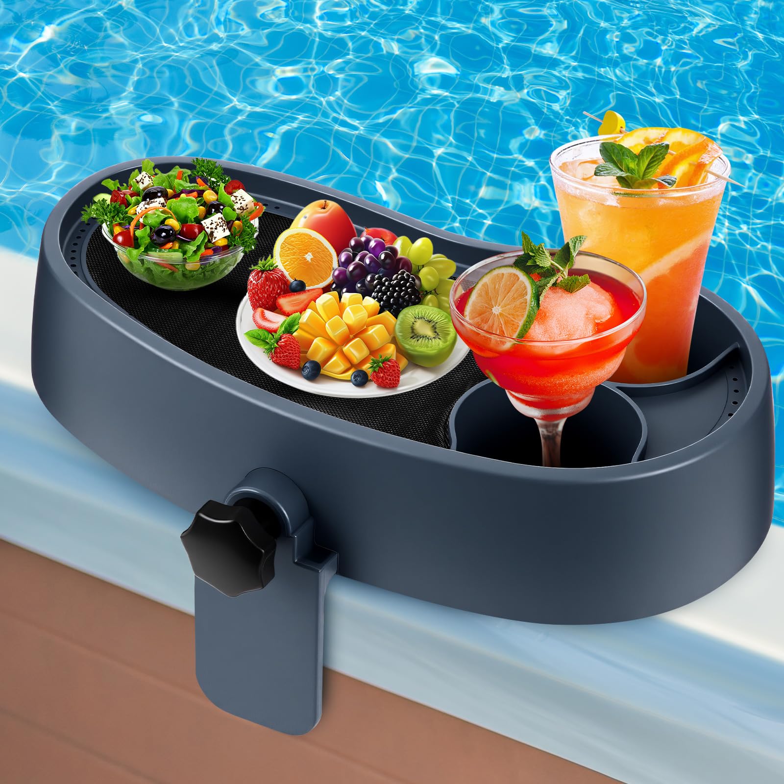 Geelin tray front view showing navy blue shelf and organized drinks for convenience