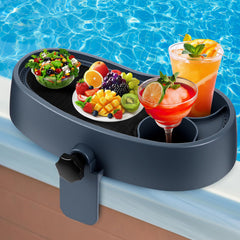 Geelin tray front view showing navy blue shelf and organized drinks for convenience