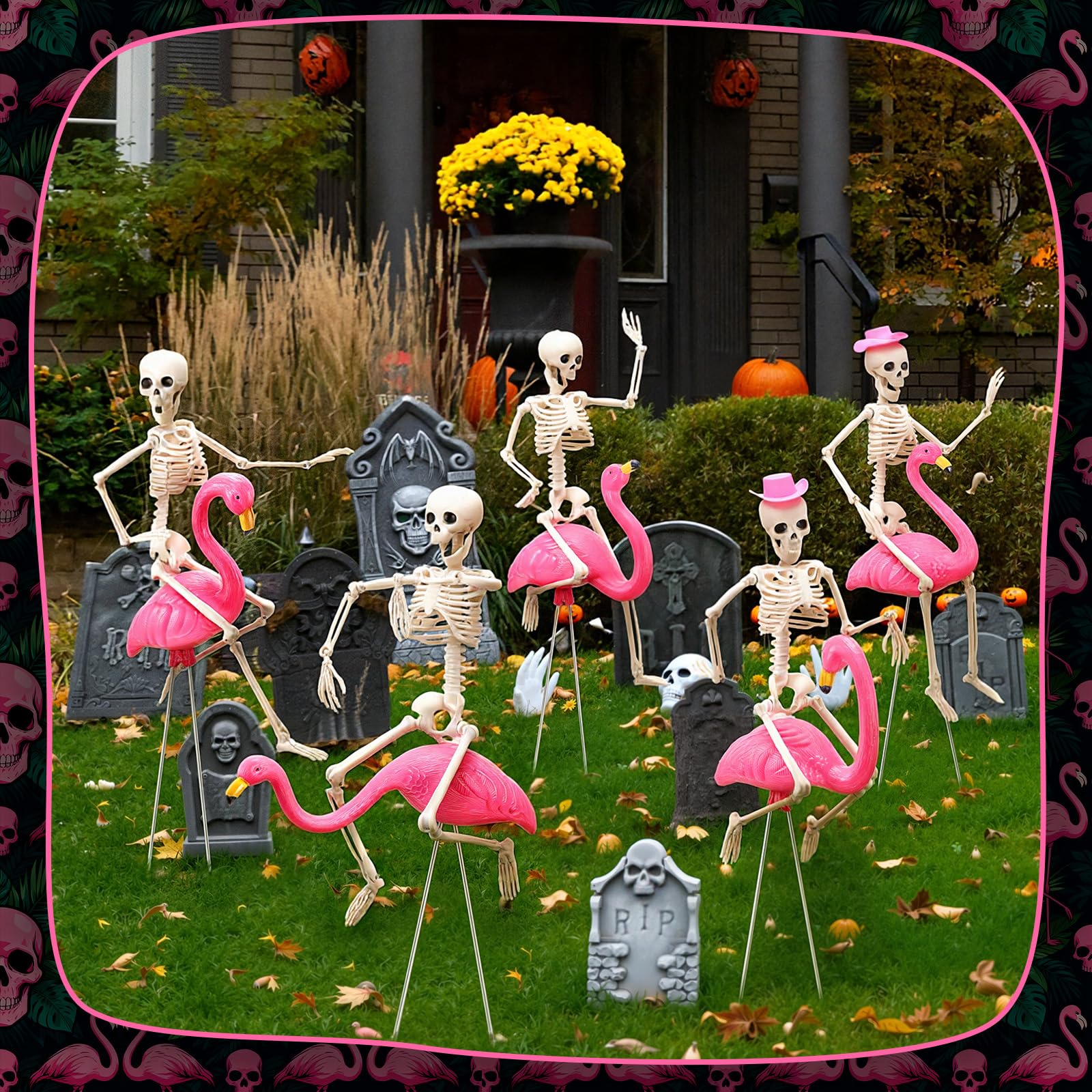 Geelin group of flamingo skeletons clustered on a lawn, eye-catching décor