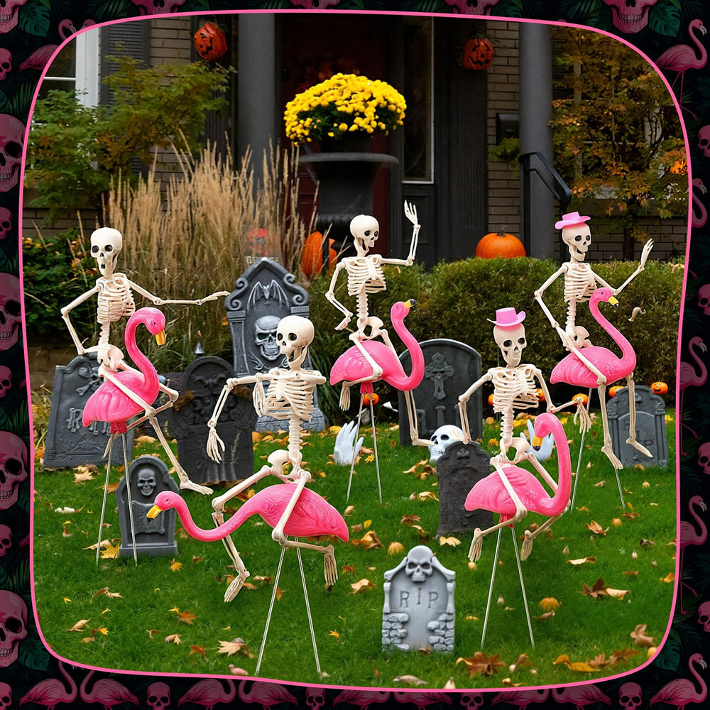Geelin group of flamingo skeletons clustered on a lawn, eye-catching décor