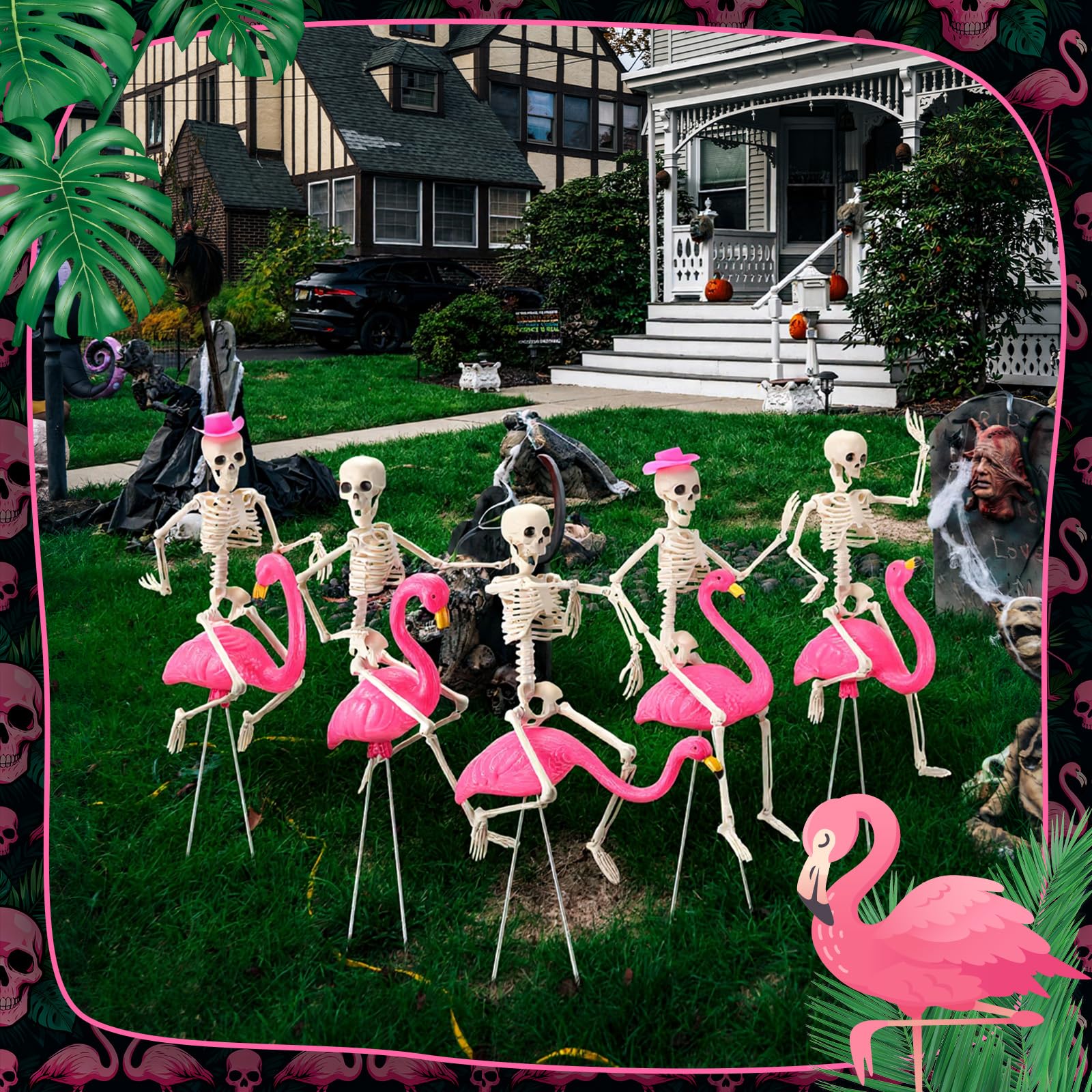 Geelin indoor patio setup with flamingo skeletons creating party backdrop