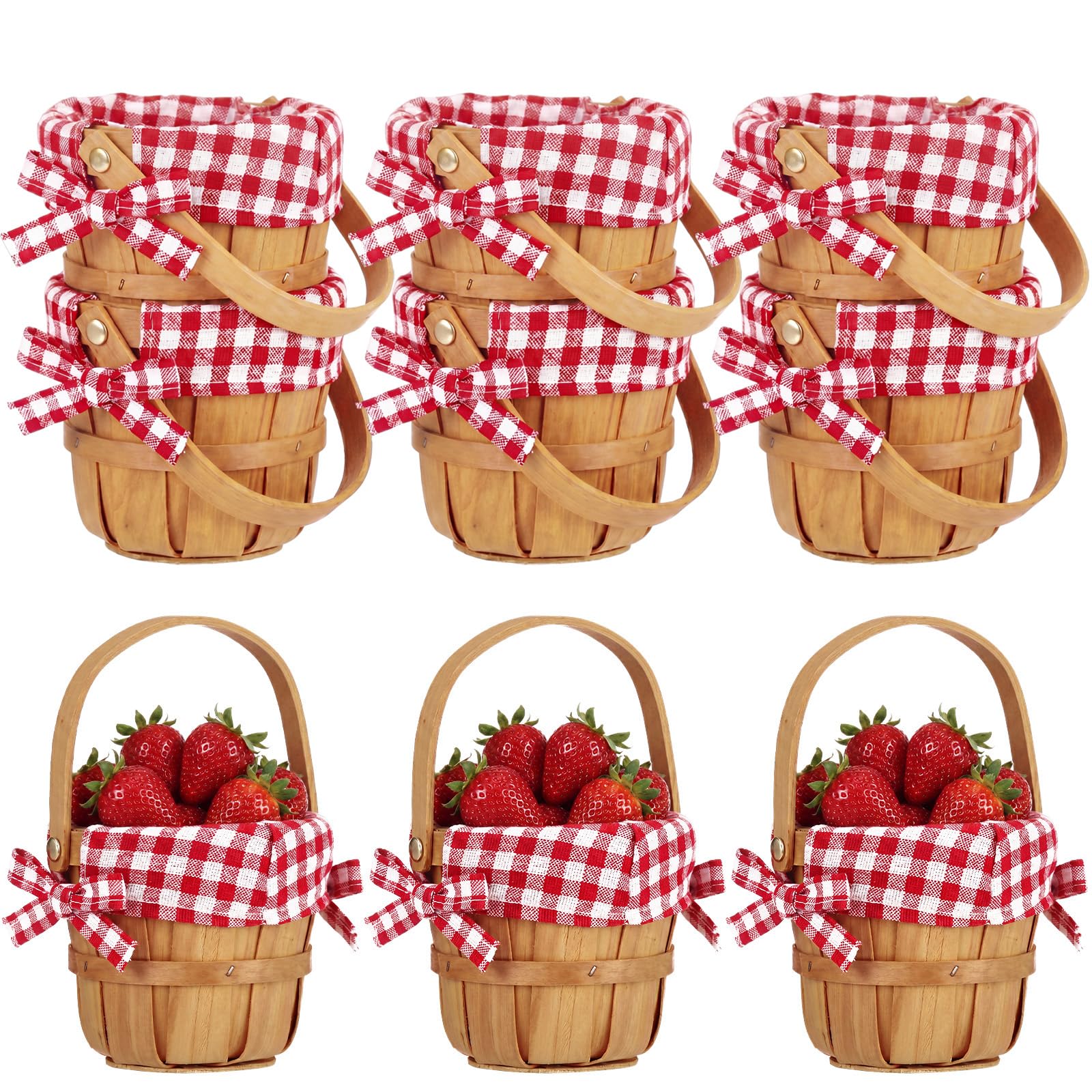 Geelin mini picnic basket front view showing woven texture and gingham liner, ready for favors