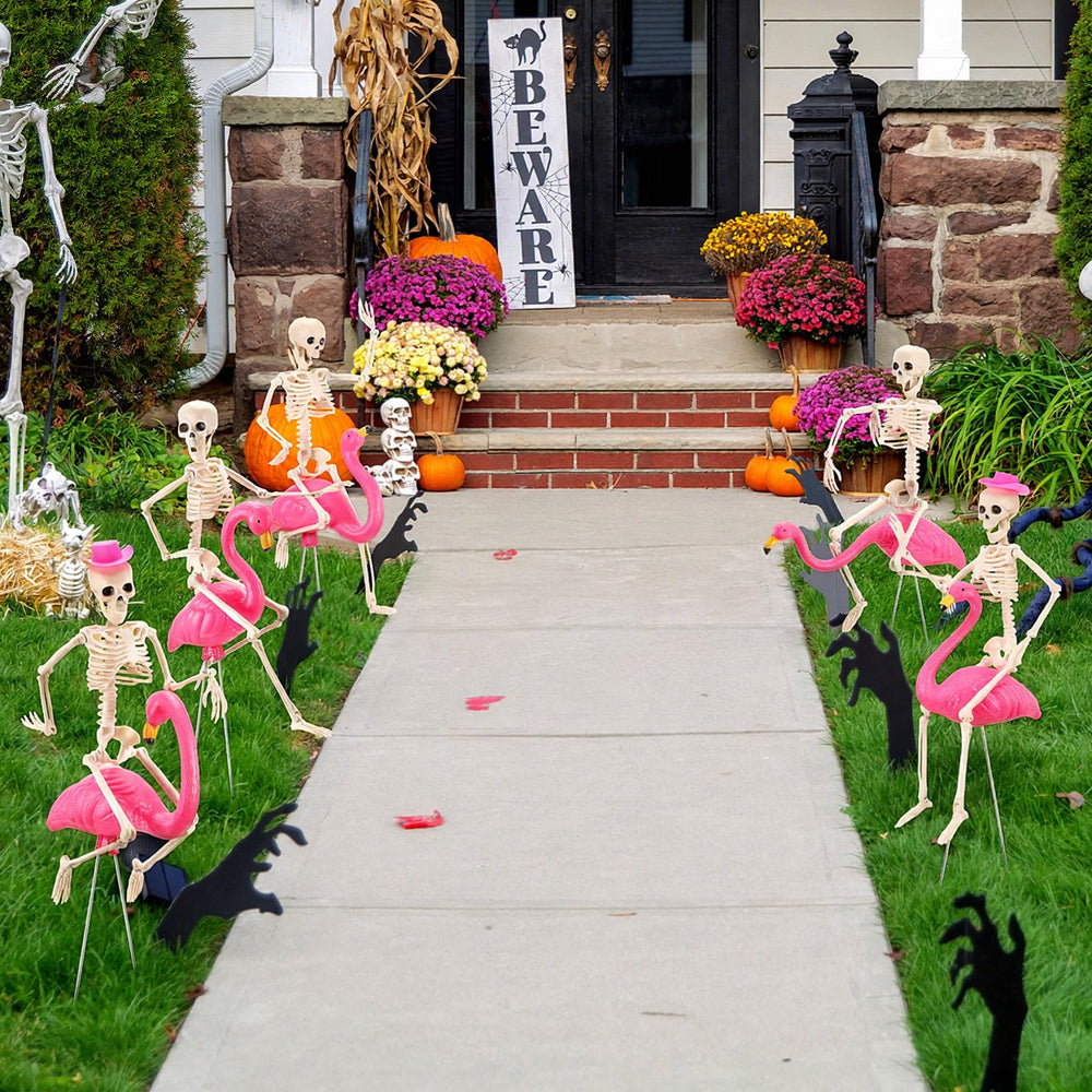 Geelin flamingo and skeleton shown in planter for scale and styling