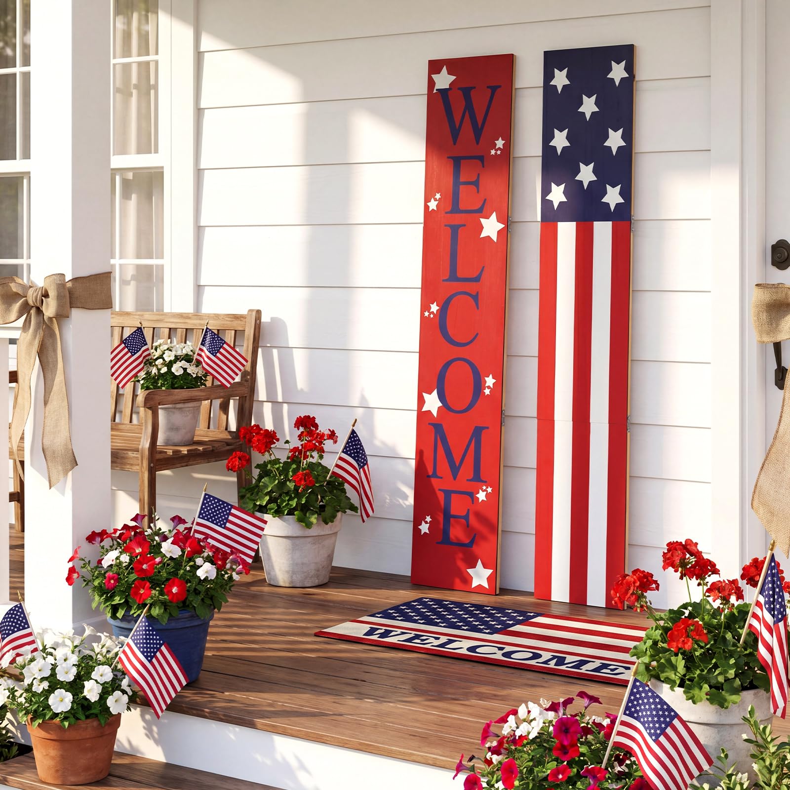 Geelin porch sign front view showing welcome message and patriotic colors for curb appeal