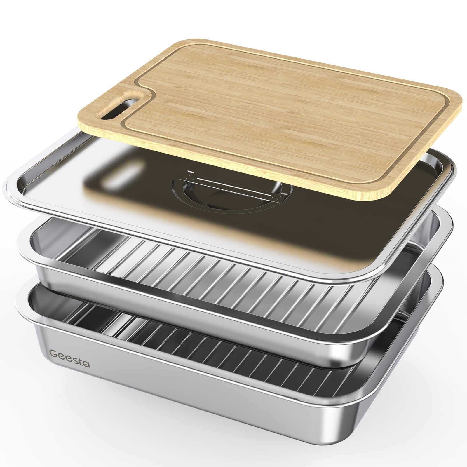 Geesta front view of full tray set showing organized prep and serve convenience