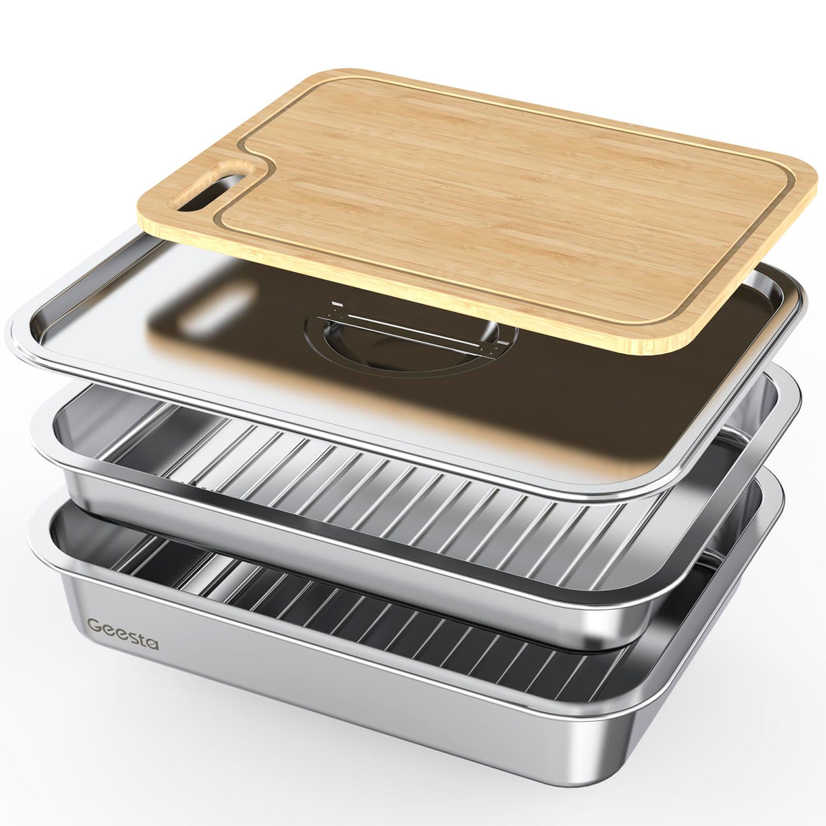 Geesta front view of full tray set showing organized prep and serve convenience