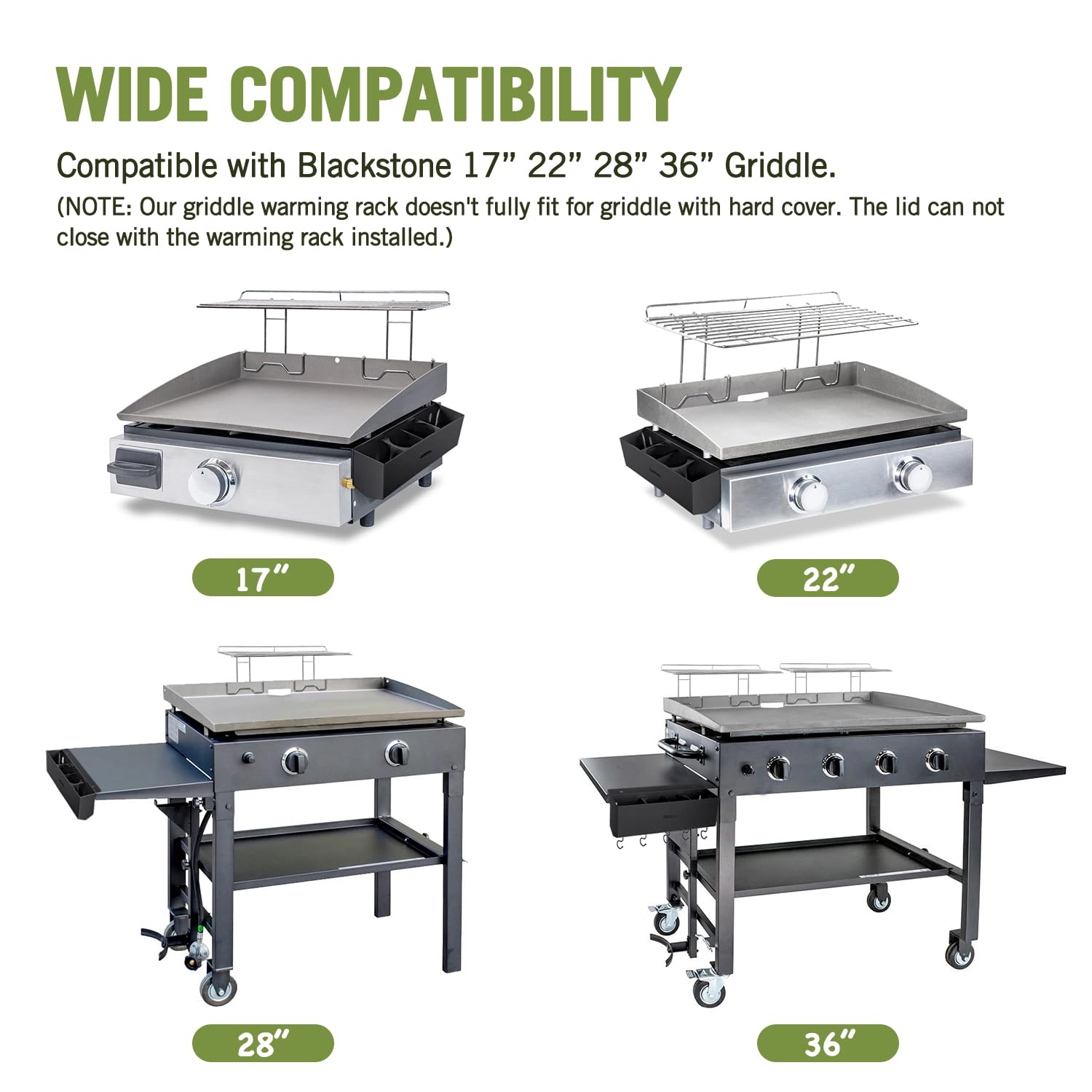 Geesta warming rack mounted on Blackstone griddle keeping food warm and freeing main surface