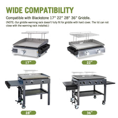 Geesta warming rack mounted on Blackstone griddle keeping food warm and freeing main surface