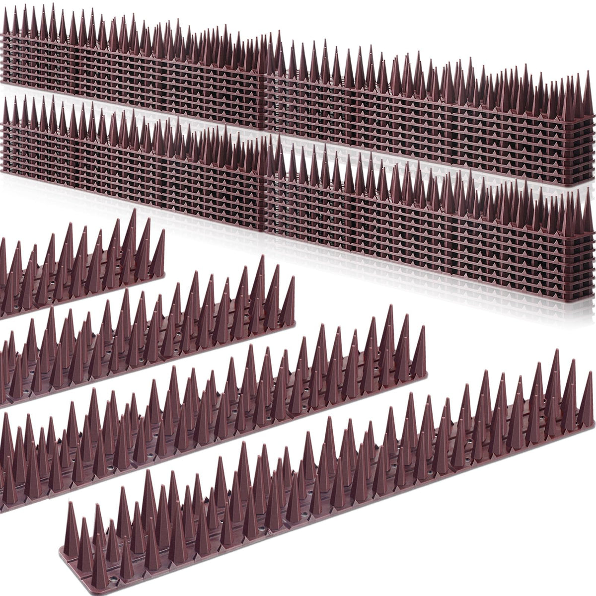 Geetery front view of brown bird spikes pack protecting ledges
