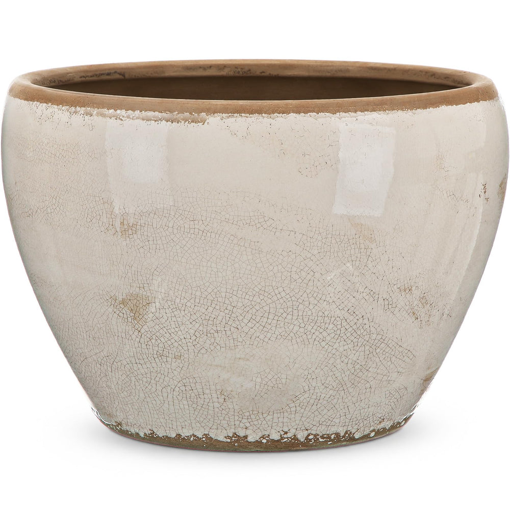 Geetery front view of beige ceramic planter showing vintage look and decorative appeal