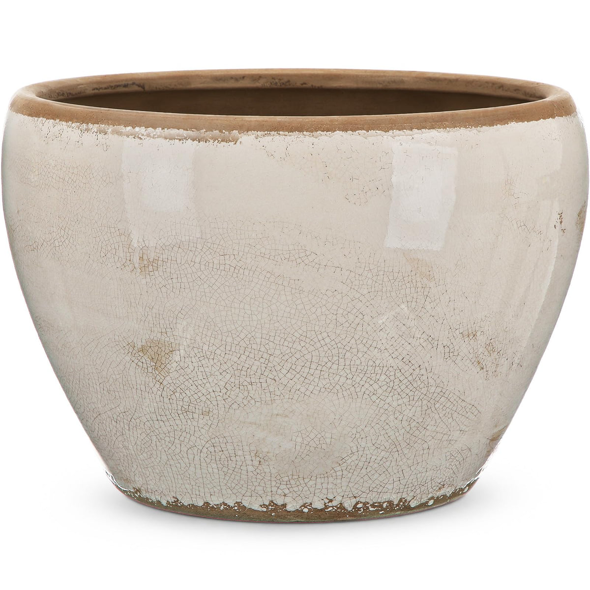 Geetery front view of beige ceramic planter showing vintage look and decorative appeal