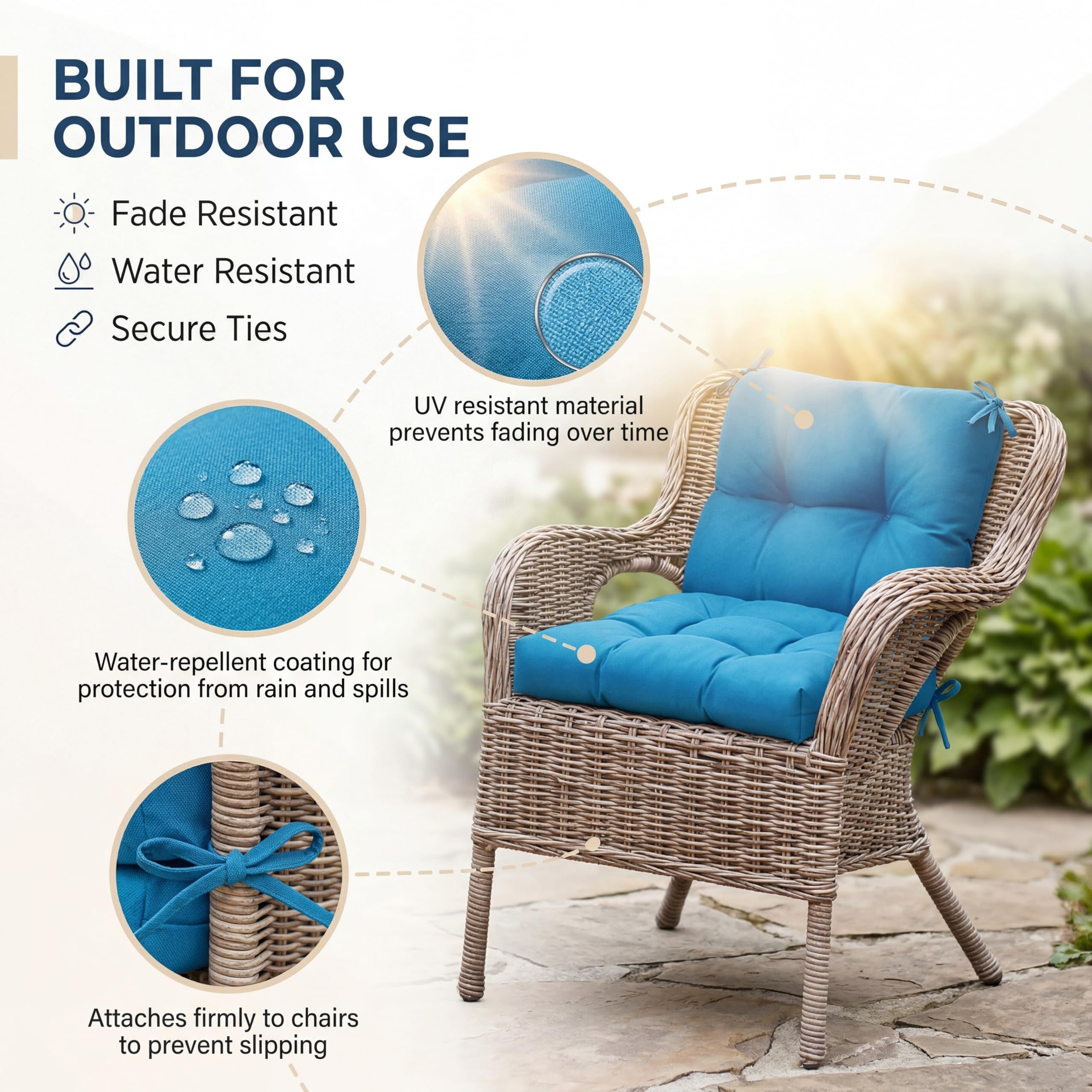 Geetery cushion installed on wicker dining chair improving seat comfort