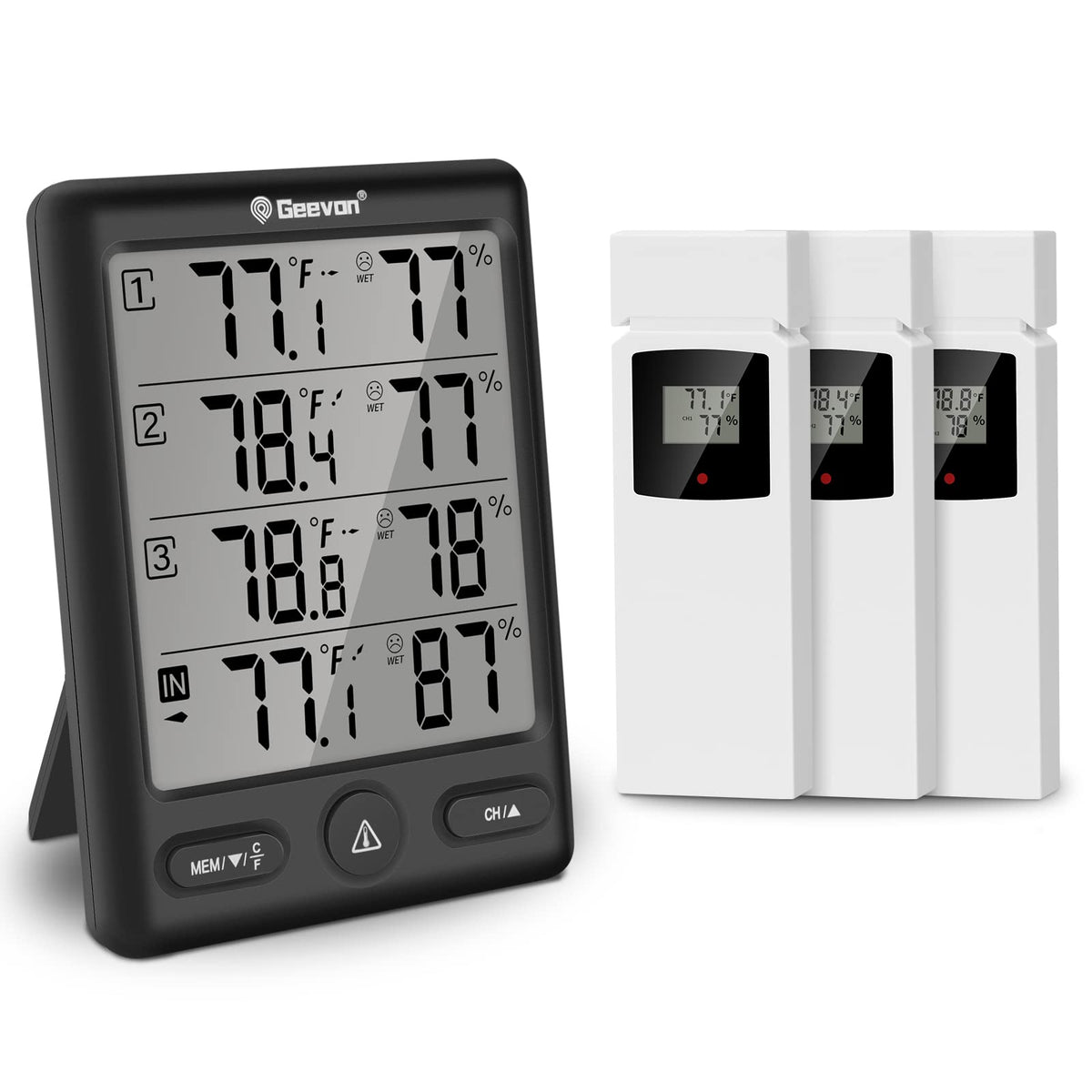 Geevon base display showing temperature humidity and trends for quick readings