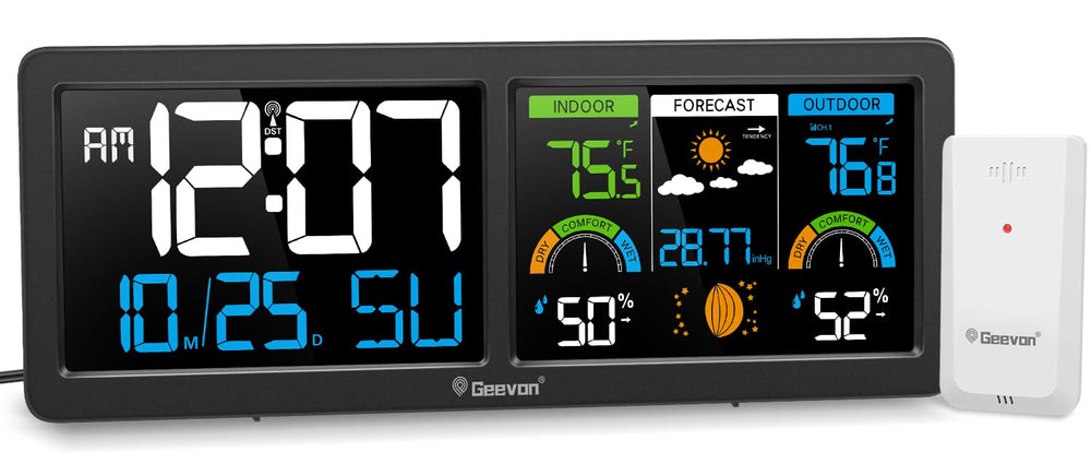Geevon front display showing time, temp and humidity for quick readings