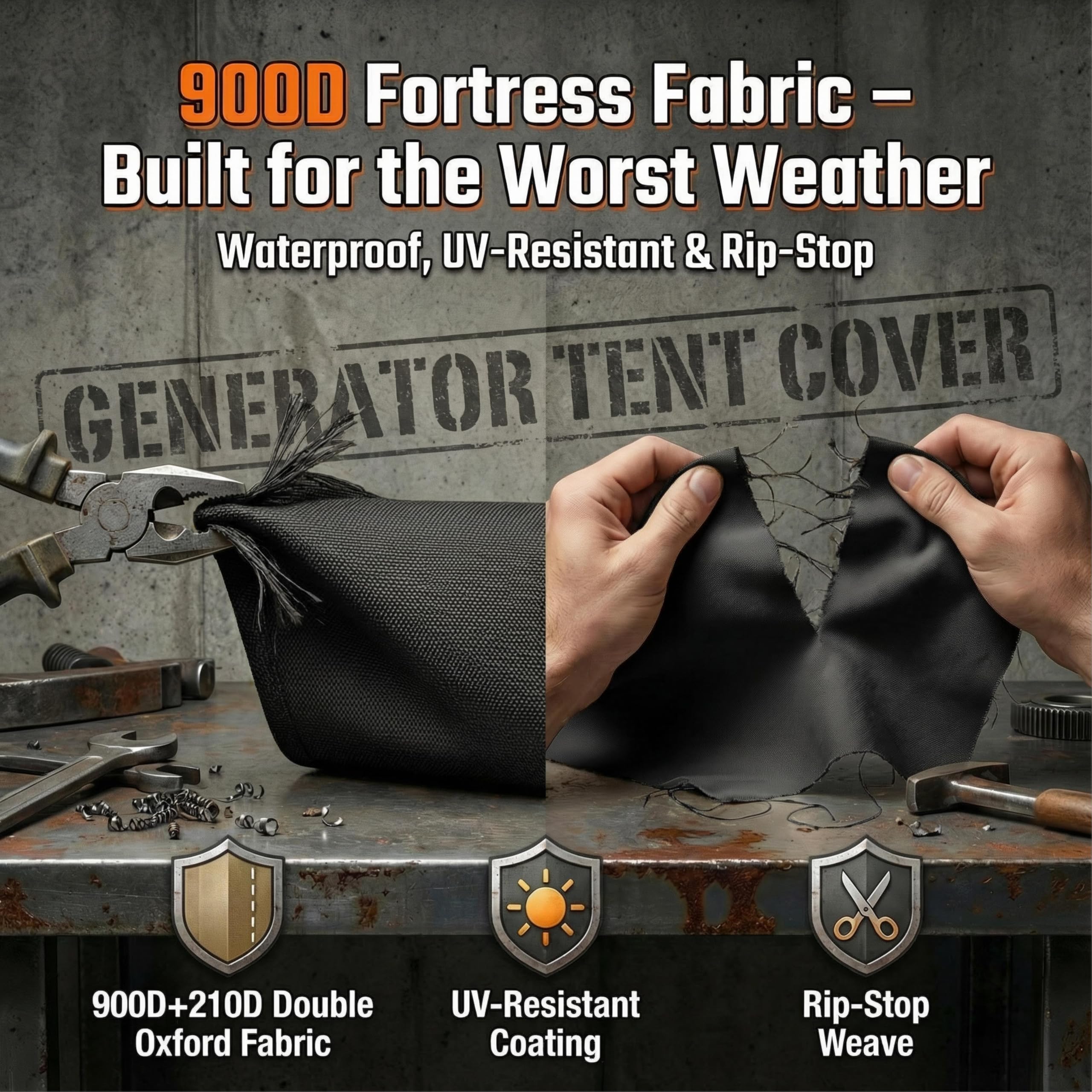 GEHENG cover next to generator for scale showing fit for framed units benefit