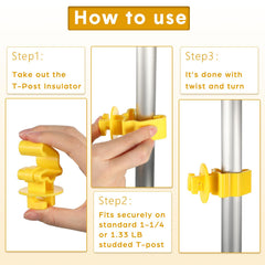 Geiserailie installed on a T-post holding live wire away from metal to prevent shorts