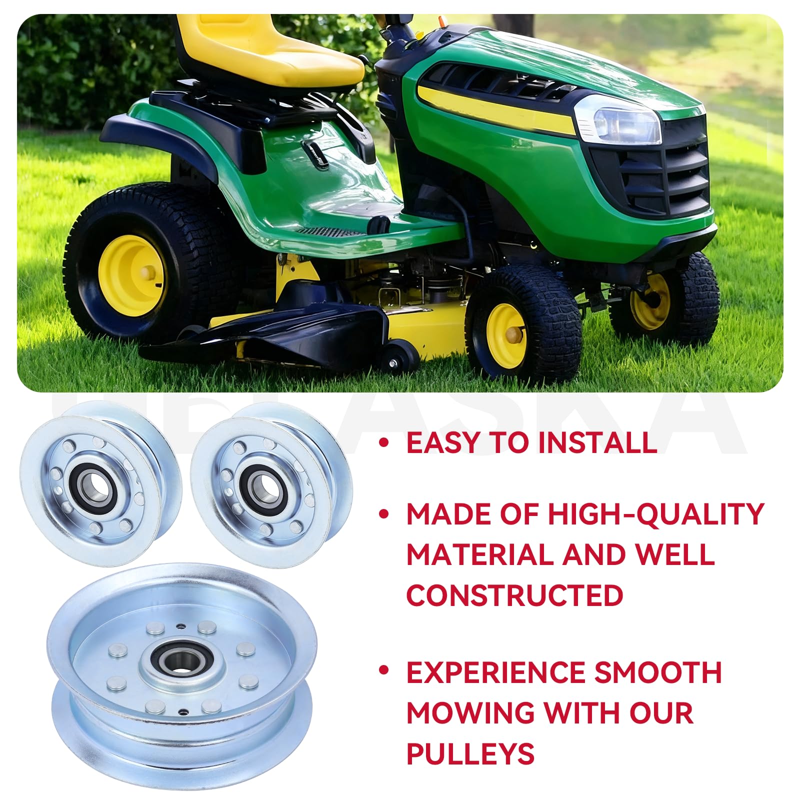GELASKA pulley installed on mower deck illustrating easier replacement and quieter operation