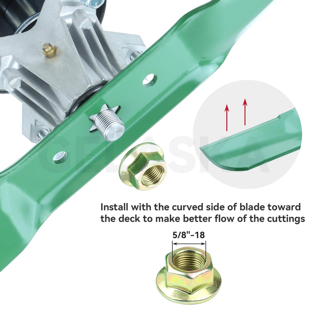 GELASKA blade installed on 54-inch mower deck demonstrating immediate ready-to-use benefit