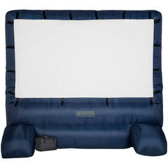 Gemmy front view of full setup showing large navy and white screen and benefits of big picture