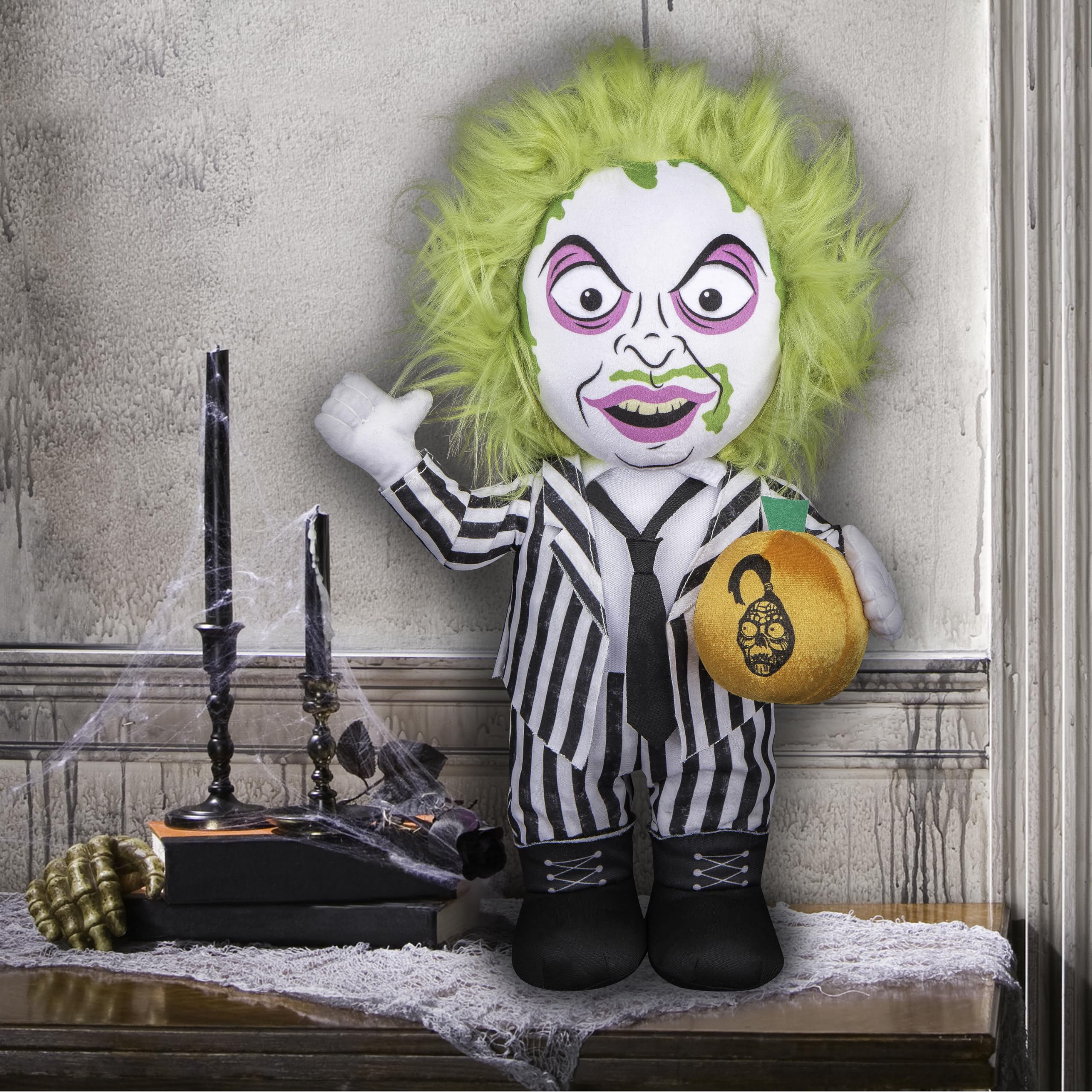 Gemmy Beetlejuice close-up of green hair and striped suit highlighting costume detail