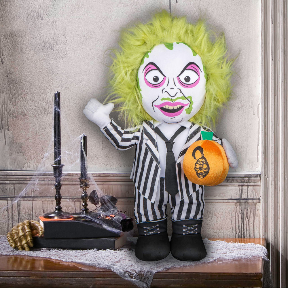 Gemmy Beetlejuice close-up of green hair and striped suit highlighting costume detail