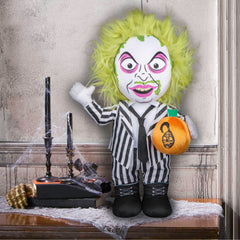 Gemmy Beetlejuice close-up of green hair and striped suit highlighting costume detail