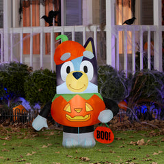 Gemmy Bluey costume close-up highlighting fabric detail and lit interior
