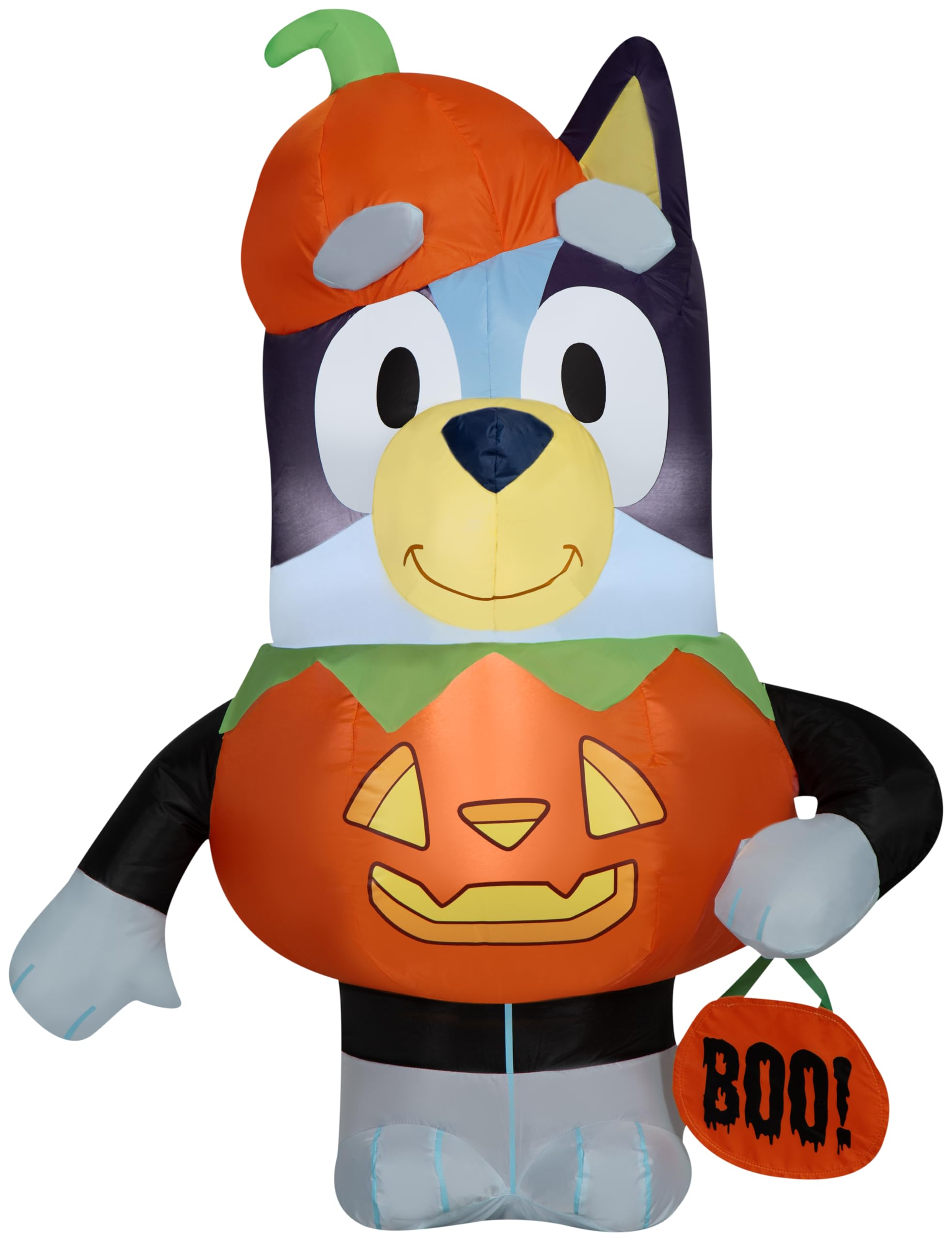Gemmy Bluey front view showing jack o’ lantern costume and playful curb appeal