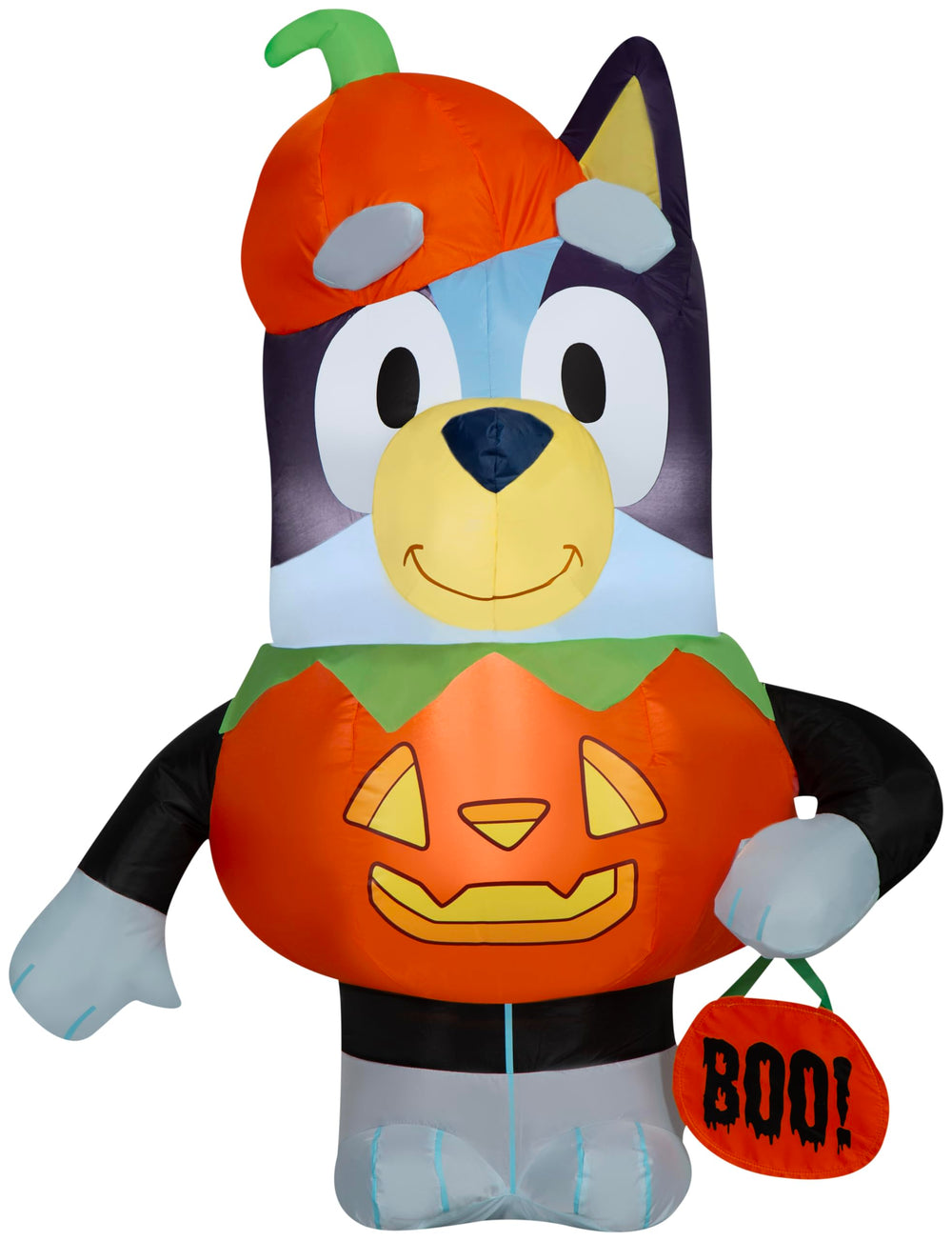 Gemmy Bluey front view showing jack o’ lantern costume and playful curb appeal