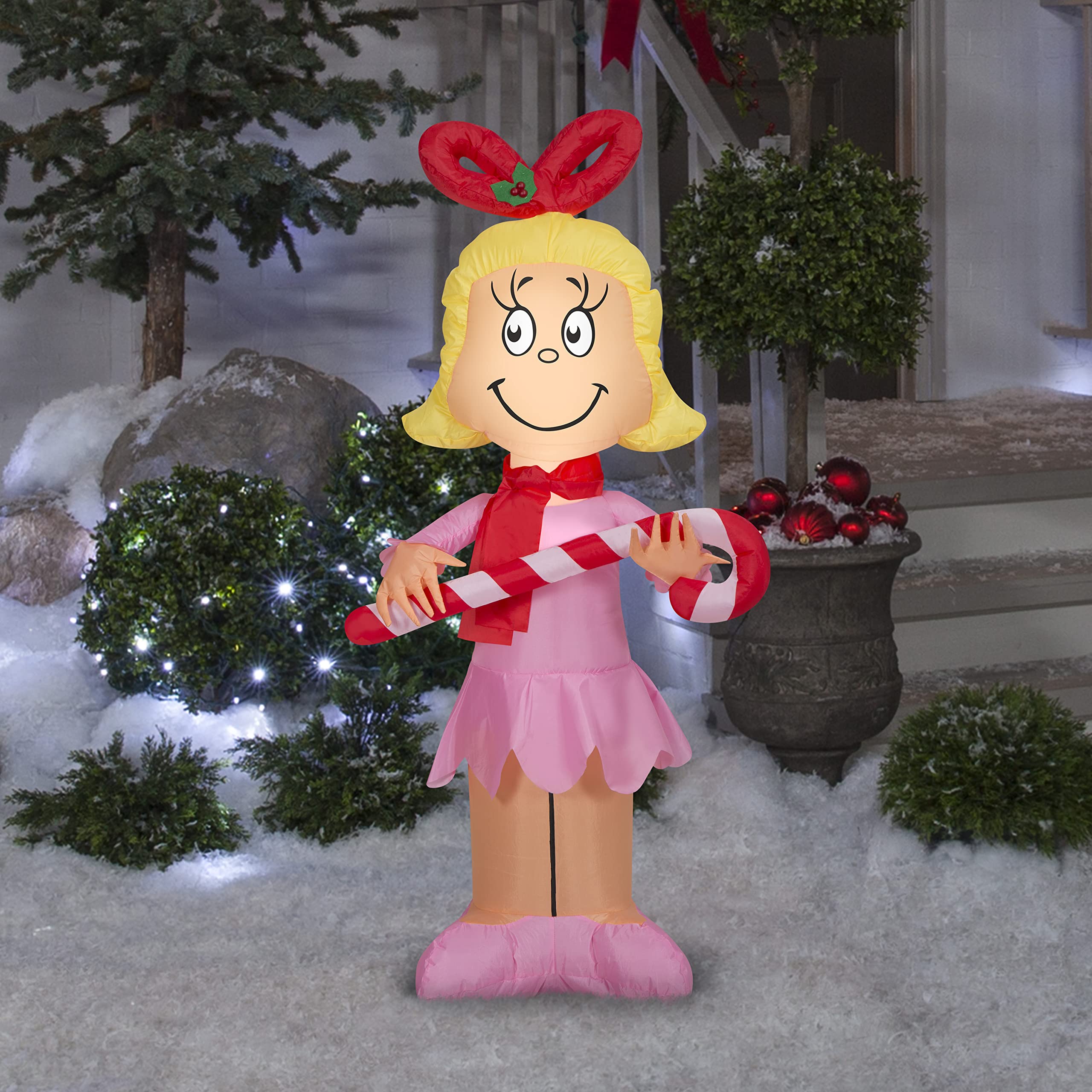 Gemmy Cindy Lou Who illuminated at night providing festive glow for yard
