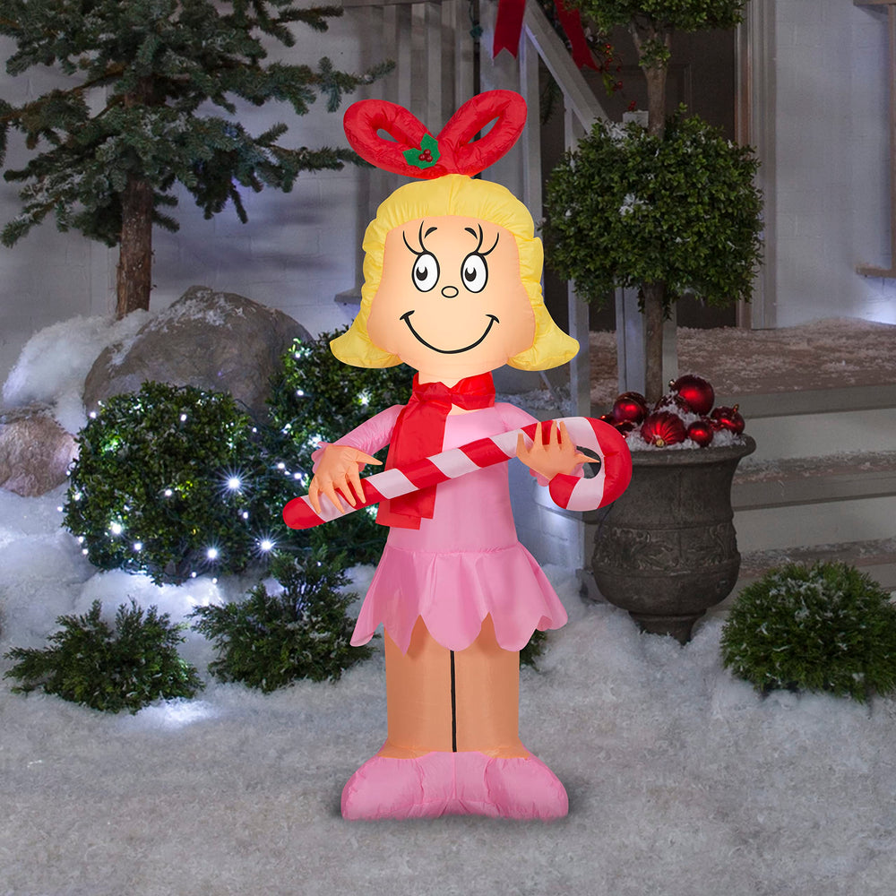 Gemmy Cindy Lou Who illuminated at night providing festive glow for yard