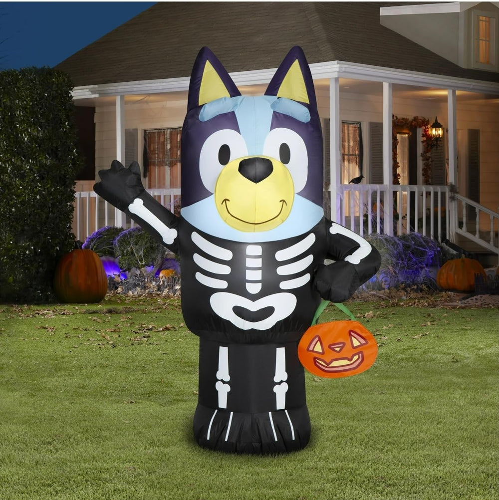 Gemmy front view of Bluey skeleton inflatable showing cheerful character and lighting benefit