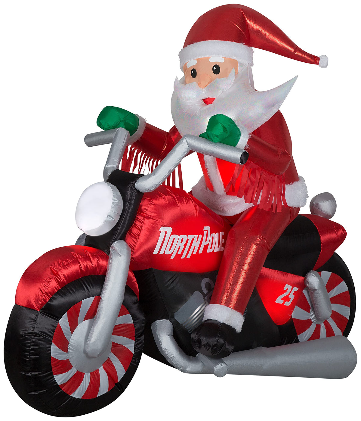 Gemmy front view of Luxe Santa on motorcycle showing festive pose and curb appeal