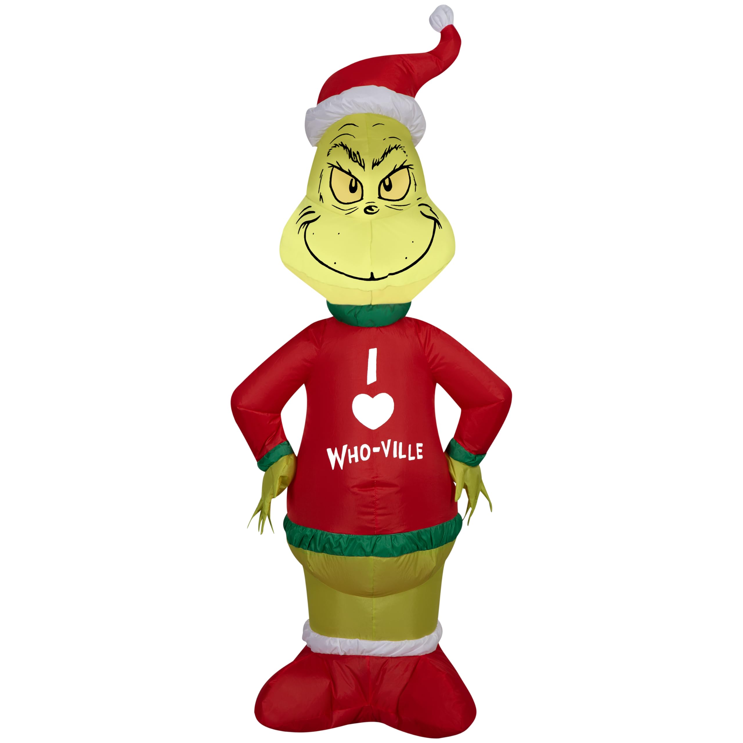 Gemmy Grinch front view showing cheerful pose and quick setup benefit