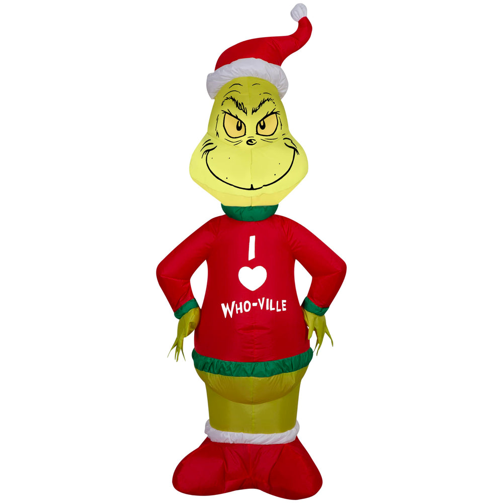 Gemmy Grinch front view showing cheerful pose and quick setup benefit