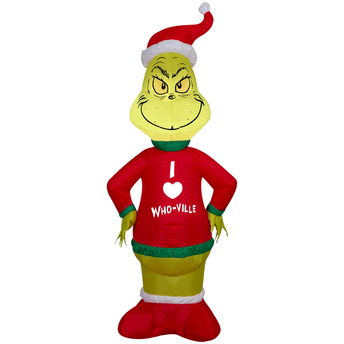 Gemmy Grinch front view showing cheerful pose and quick setup benefit