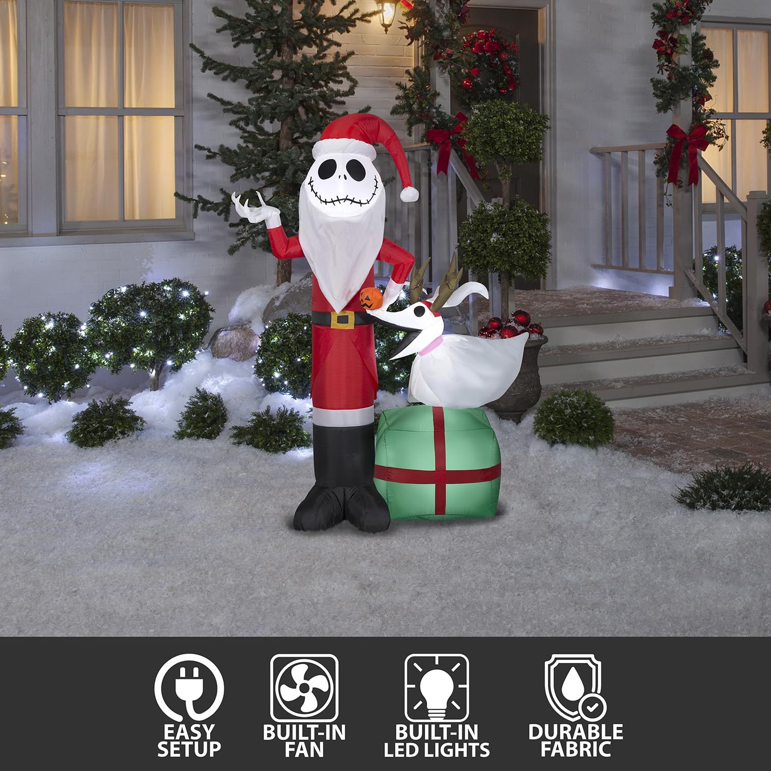 Gemmy lit at night on lawn demonstrating bright LEDs and curb appeal