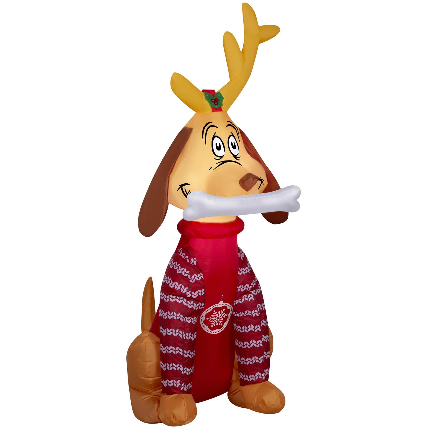 Gemmy Max front view showing festive sweater and antlers, bright holiday impact