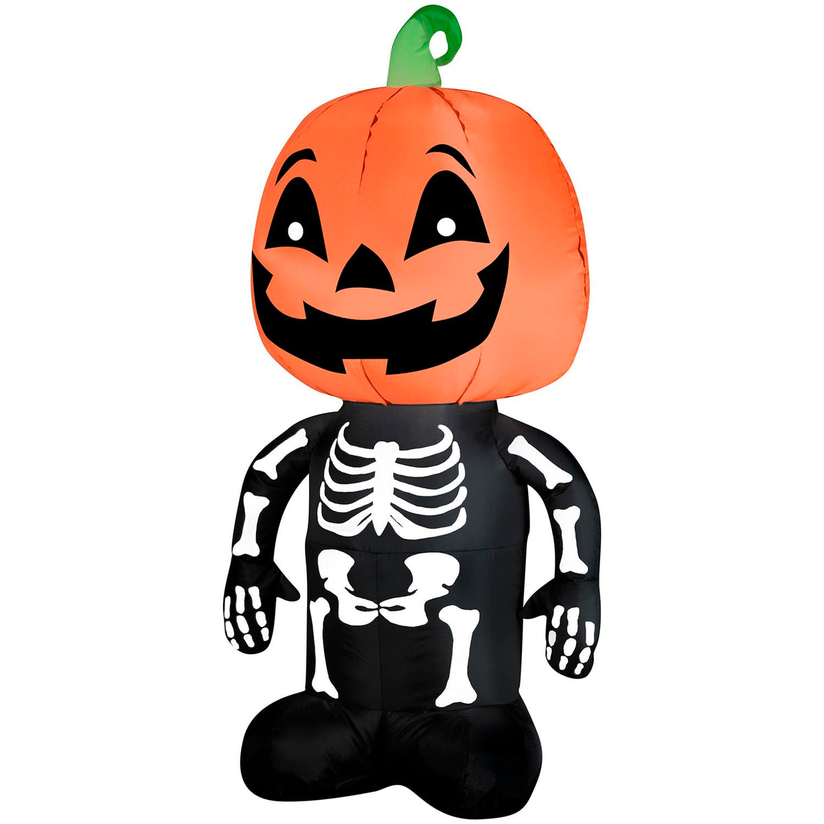 Gemmy pumpkin skeleton front view shows spooky porch focal point and instant curb appeal
