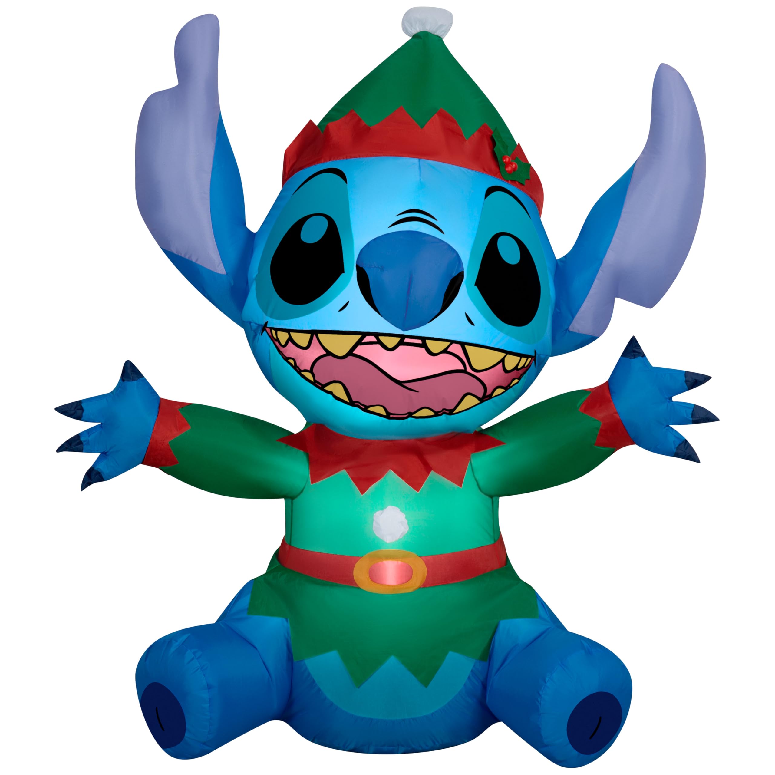 Gemmy Stitch elf front view showing cheerful face and elf costume, great curb appeal