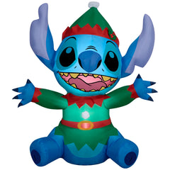 Gemmy Stitch elf front view showing cheerful face and elf costume, great curb appeal