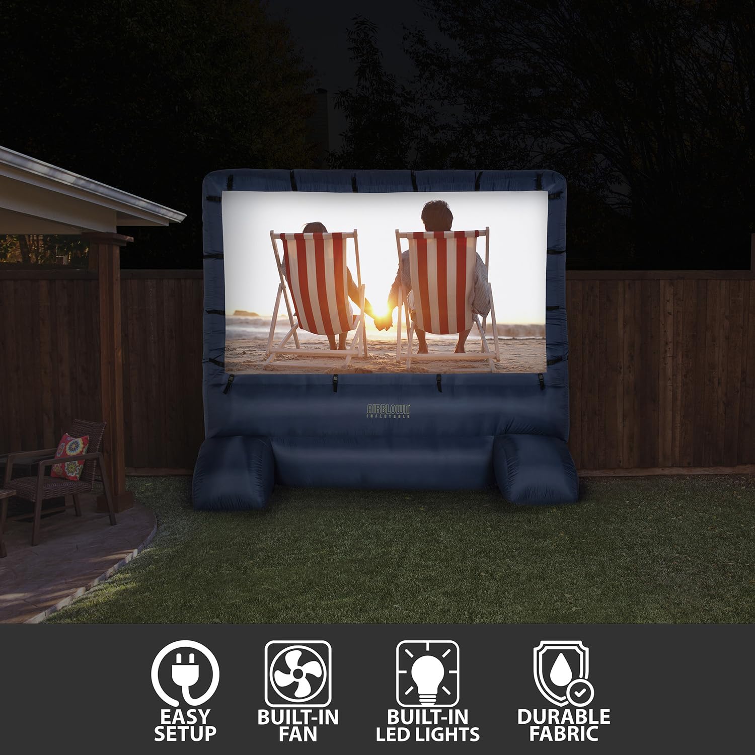 Gemmy backyard cinema with projector demonstrating immersive outdoor movie experience