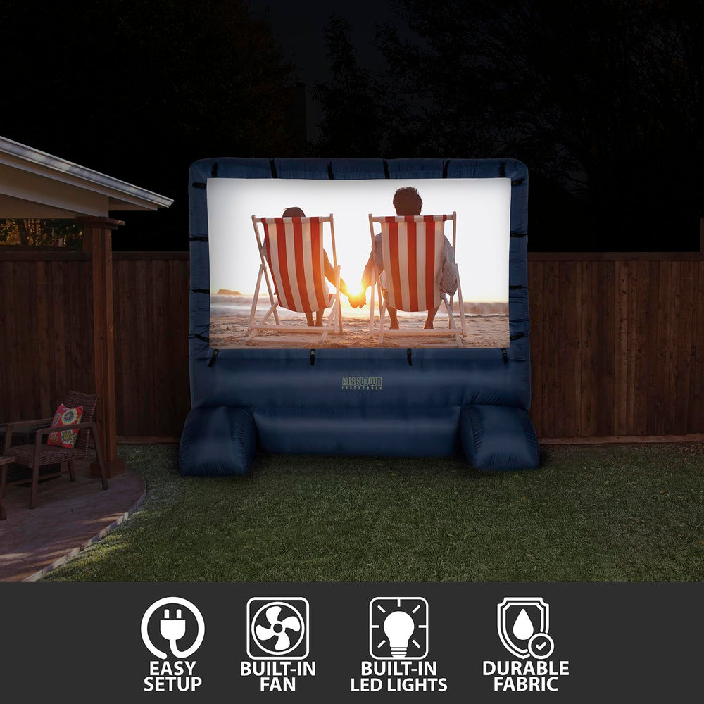 Gemmy backyard cinema with projector demonstrating immersive outdoor movie experience
