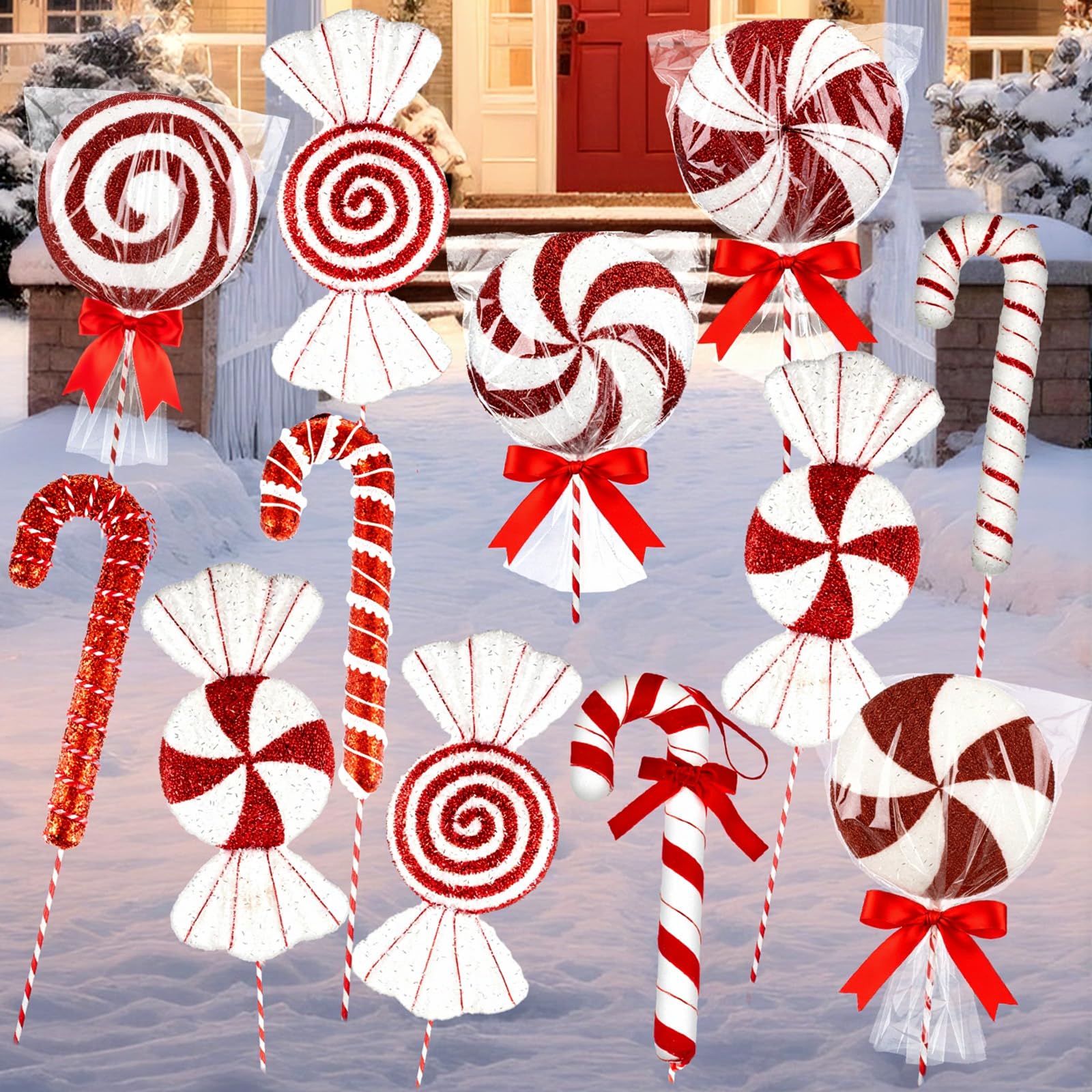 Gemscream front view of assembled lollipop and candy cane display, festive curb appeal