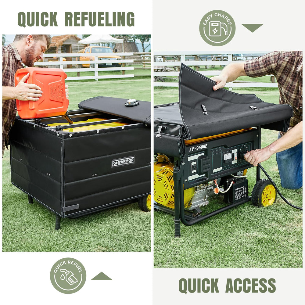 GenArmor tent open for quick refueling and panel access benefit